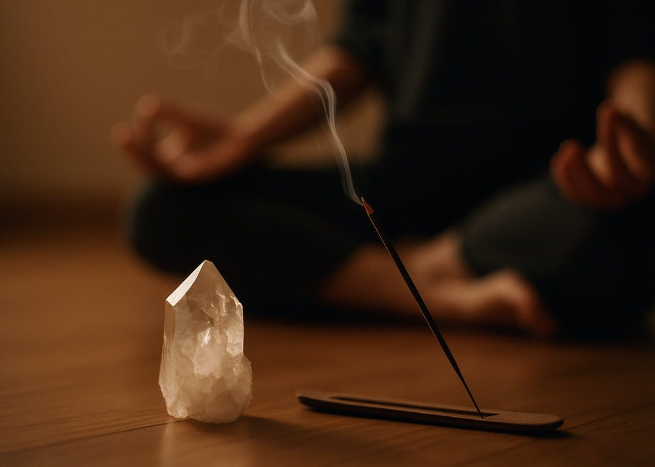 Himalayan clear quartz in a meditation space