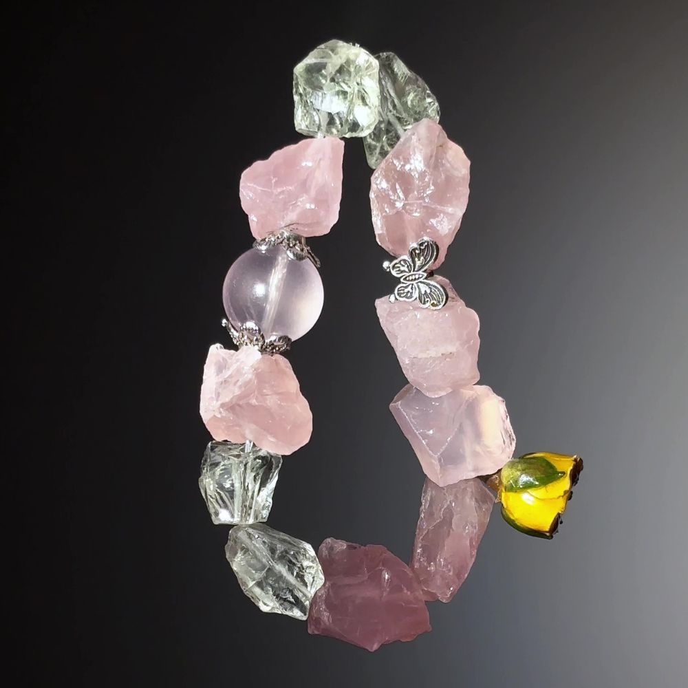 Raw Pink Quartz Love Energy Bracelet with Floral Detail