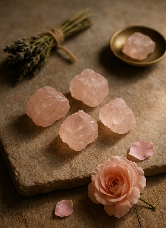 Rose quartz placed on wooden table