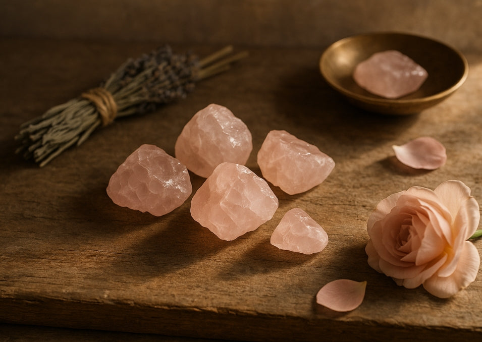 Rose quartz placed on wooden table