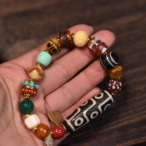 Handmade Tibetan Prayer Beads Bracelet with Dzi and Colorful Stones